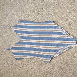 Blue and Yellow Striped Bodysuit with Plunging V-neckline